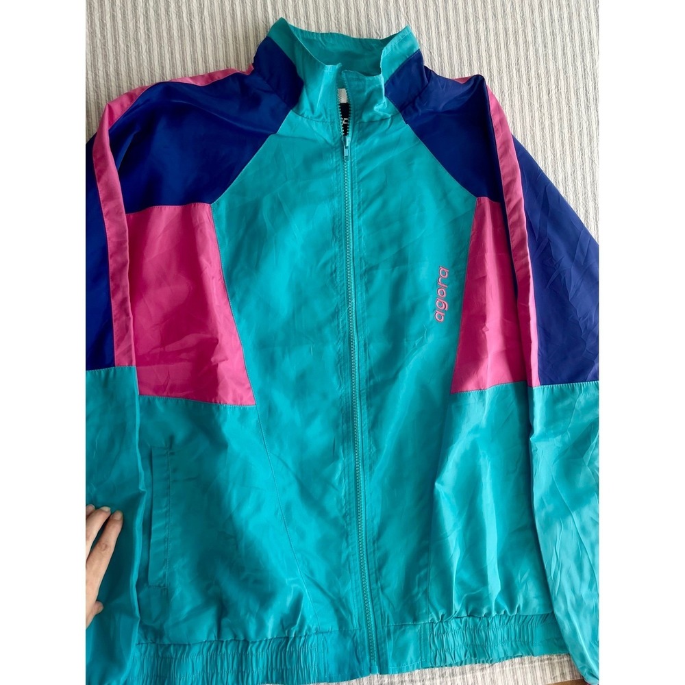 Agora Colorblock Windbreaker Jacket Teal Pink Blue Retro 90s Style XL Mesh Lined - Picture 11 of 11